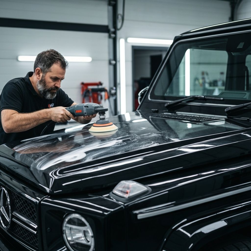 Mercedes G Wagon being professionally polished by technician